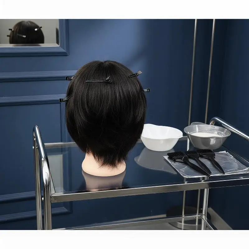 Testa di manichino con capelli umani veri, capelli corti neri, perfetta per la pratica di parrucchieri, strumento per lo styling e la bellezza