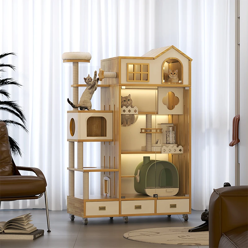 High Quality Fashion Breathable Large Space Pet Cat Castle Tree Houses Indoor Cats Villa House With Scratching Board