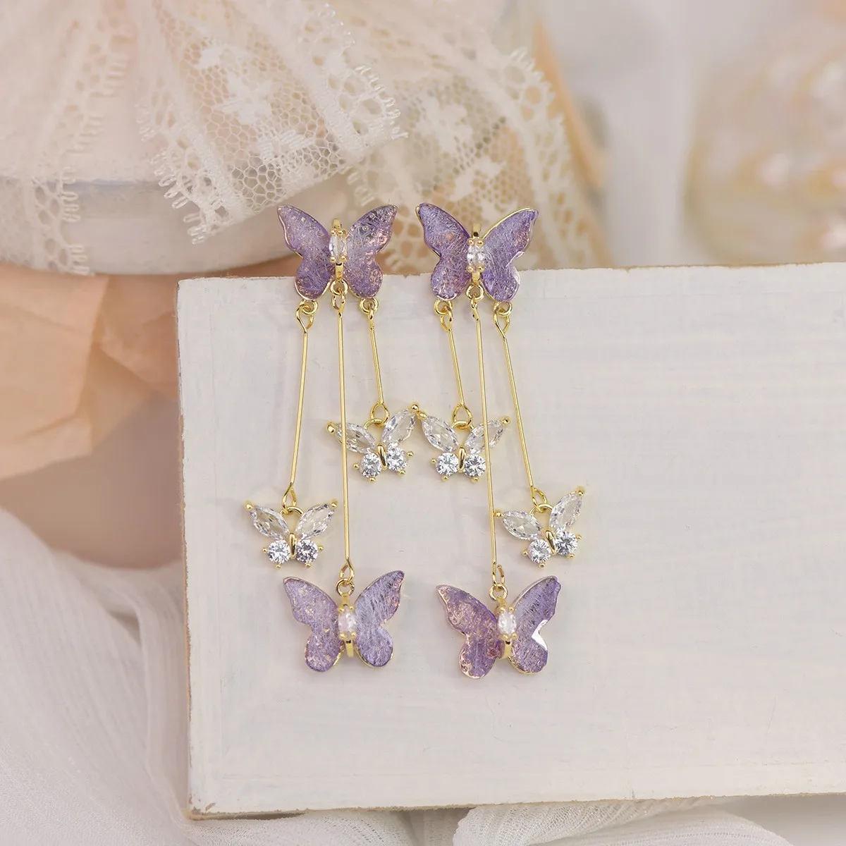 925 Silver Needle Purple Butterfly Long Tassel Earrings For Women