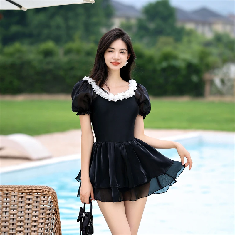 

2023 Korean Skirt Style One Piece Swimsuit Women Open Back Flat Angle Fashionable New Black Puff Sleeve Bathing Suit
