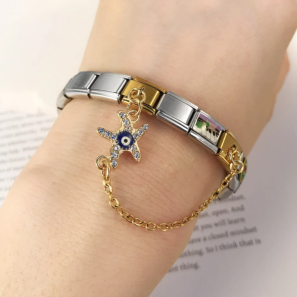 URING Design Hängekette Libelle Palm Evil Eyes Edelstahl Italienischer Charm Link Fit 9mm DIY Herstellung Anhänger Armband Geschenk – Detail 11