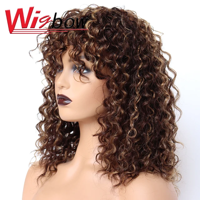 Curly Human Hair Wig Brazilian Hair Wig With Bangs Highlight Ombre Human Hair Wig T1B 30 Wigs For Women Machine Made Wigbow P427