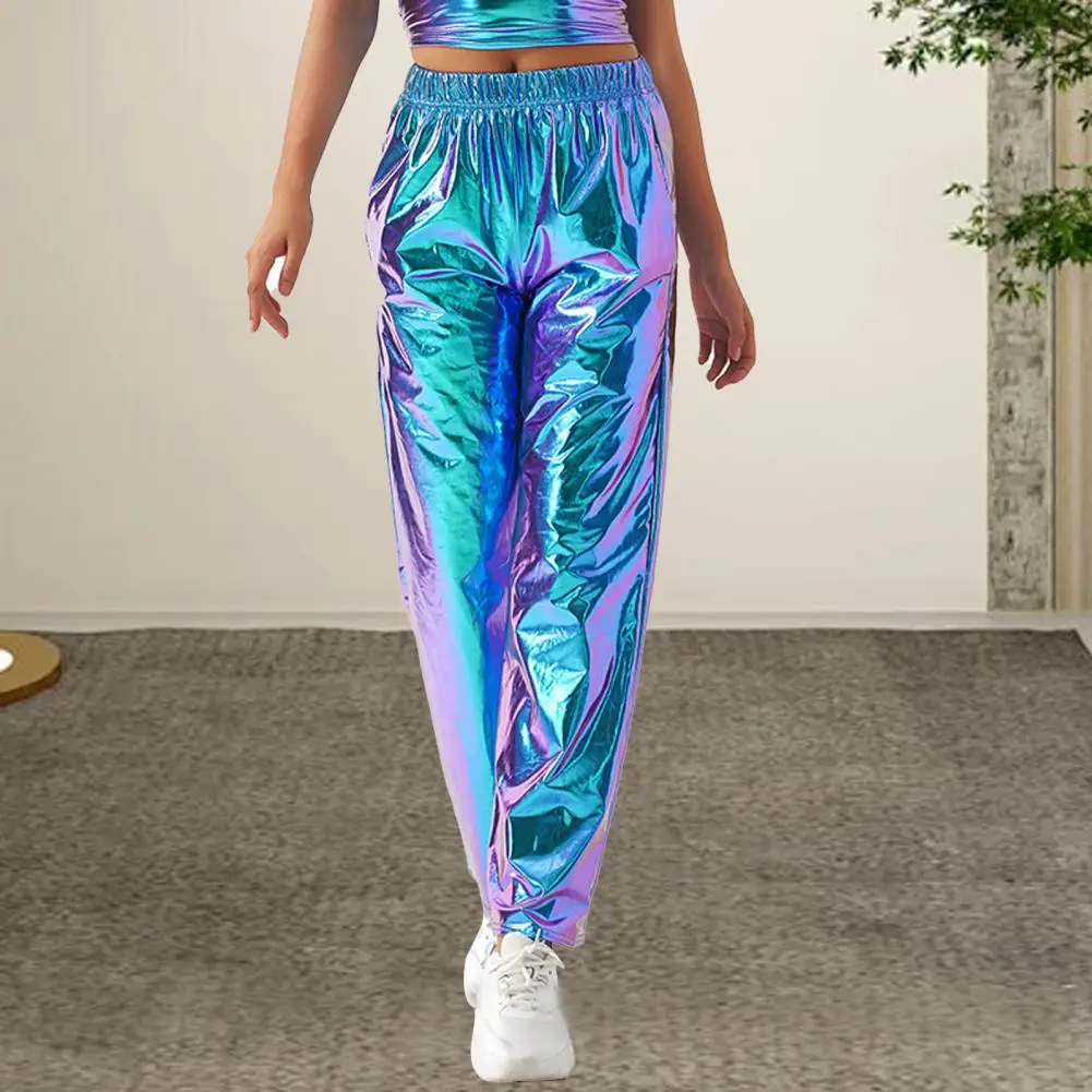Women Trousers Women's Metallic High Waist Holographic Pants Casual Streetwear Trousers with Wide Leg Pockets Reflective for Hip