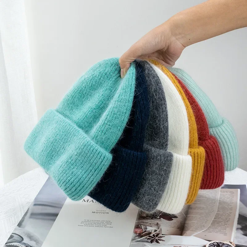 Fahion Warm Cahmere Wool Skullie Angola Rabbit Fur Winter Knitted Beanie Women Cap Female Three Fold Ski Outdoor_voghion.com