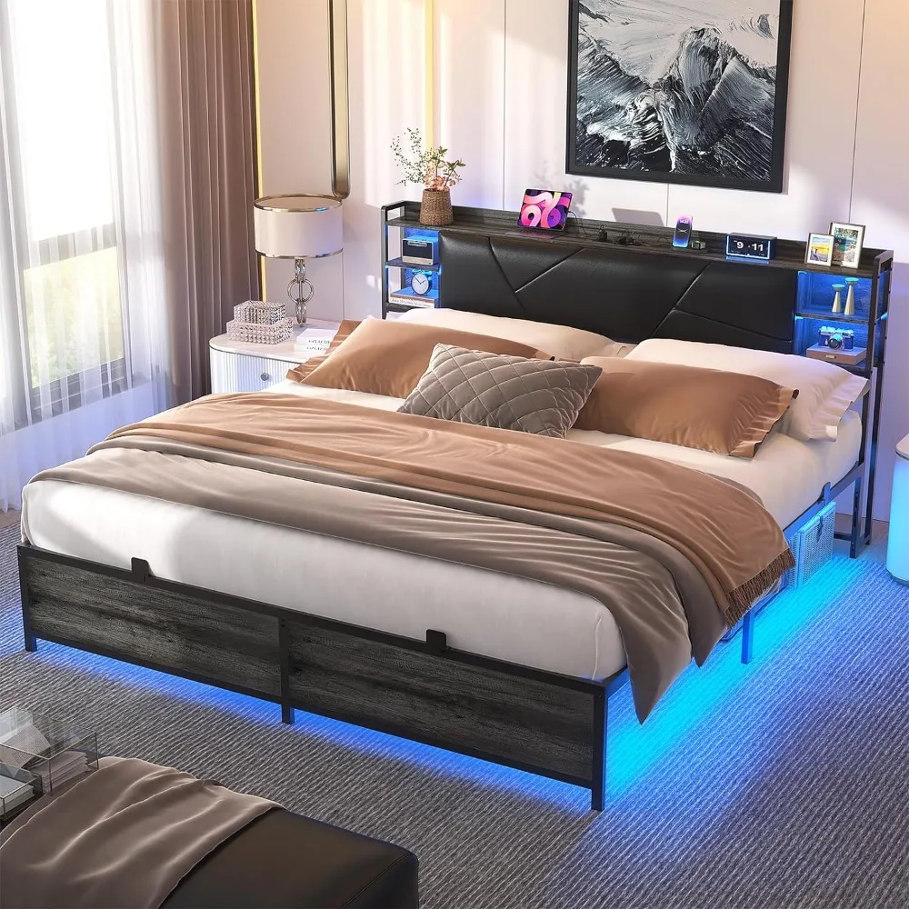 

King Size Bed Frame with Cool RGB LED Lights and Power Outlets,Sturdy Platform Bed with Storage Upholstered Headboard,Noise Free