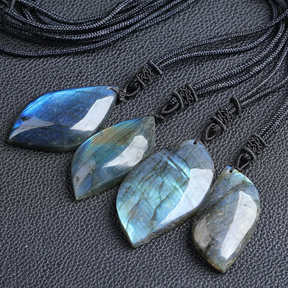 Collana Con Ciondolo In Pietra Naturale Labradorite, Forma Palma, Corda Intrecciata Regolabile, Unisex - 3