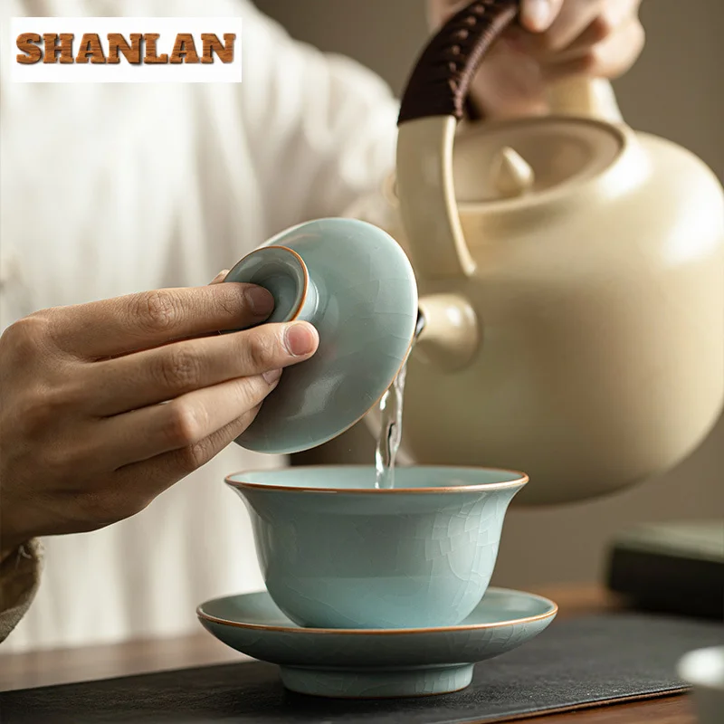 145ml Azure Ru Kiln Ice Cracked Glaze Gaiwan Handmade Copper Coin Base Tea Tureen Tea Brewing Cover Bowl Teaware Decoration Gift