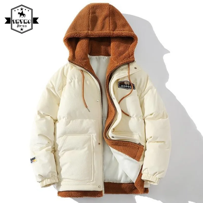

Winter Jacket Men Hooded Harajuku Casual Thicken Warm Korean Fashion Lambswool Padded Coats Pathchwork Japanese parka hombre New