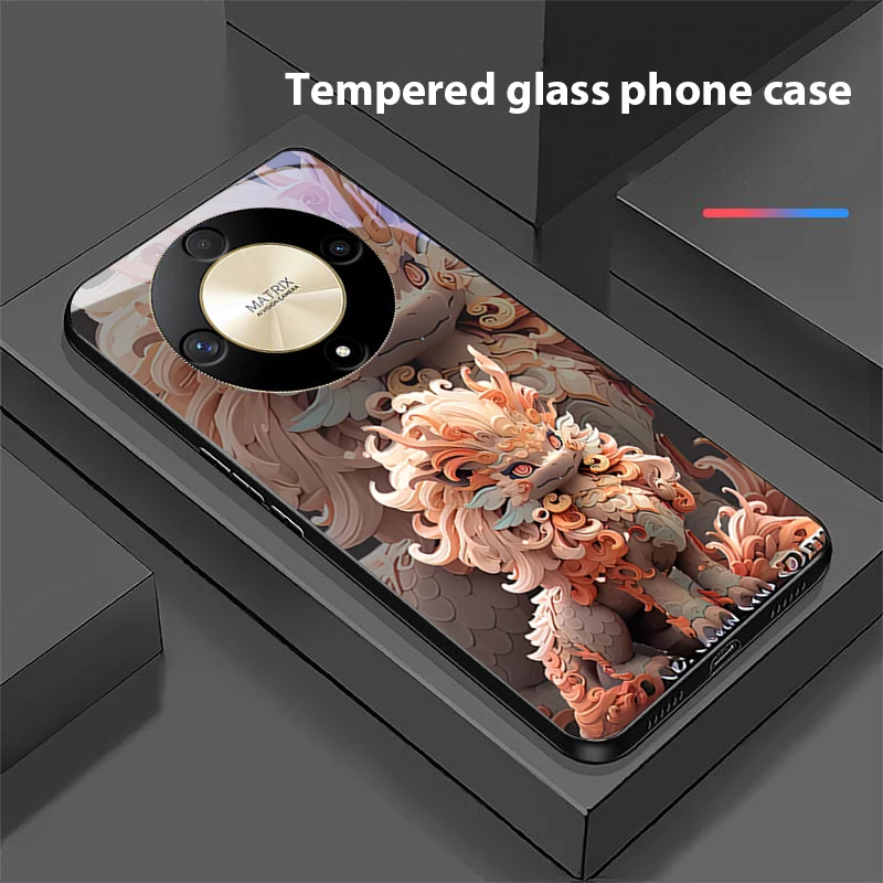 Chinese Style Lion Design Tempered Glass Phone Case