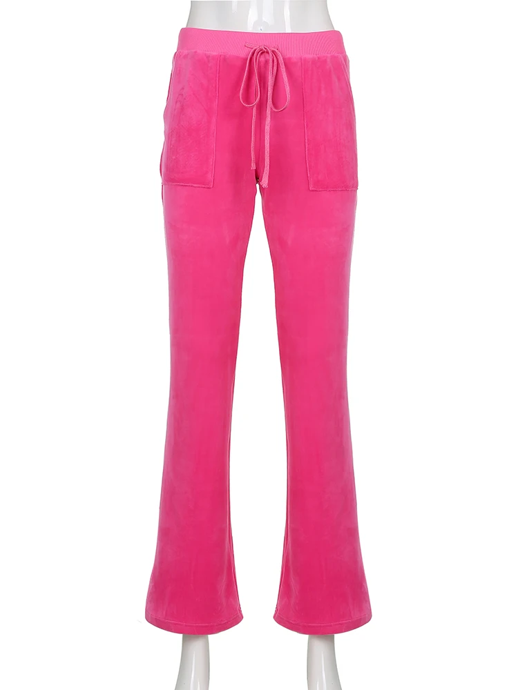 Sweetown Pink Solid Sweet Cute Velvet New Flare Pants Design Pockets  Drawstring Low Waist Slim Sexy Womens Joggers Sweatpants - Pants & Capris -  AliExpress