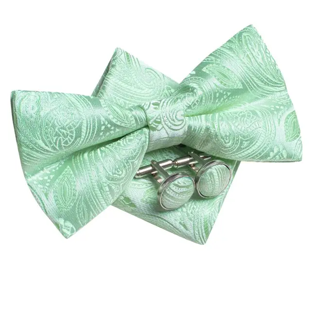 Sage Mint Grass Teal Green Silk Mens Bow Tie Hankerchief Cufflinks Set Pre-tied Butterfly Knot Bowtie for Male Wedding Business 2