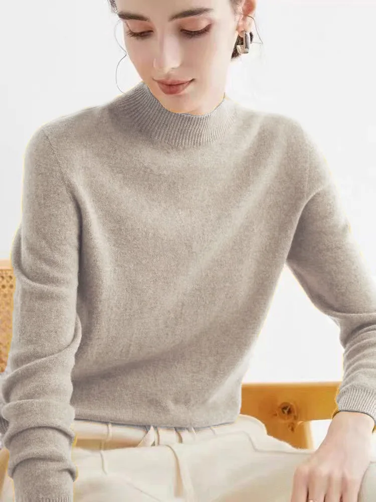 

Women Brand 100% Cashmere Sweater Winter Mock neck Knitted Pullovers Loose Soft Warm Female Korea Long Sleeve Jumpe Casual tops