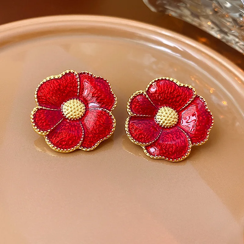 Women Earrings Enamel oil drop earrings red flower shape vintage retro style