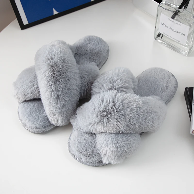 Zapatillas de casa de invierno para mujer, chanclas mullidas informales, zapatillas cruzadas de felpa suave