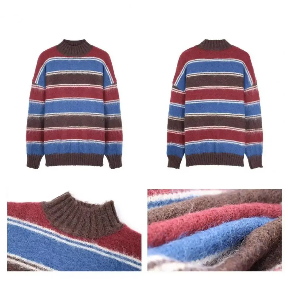 

Thick Sweater Stylish Men's Striped Knitted Sweater Thick Warm Pullover with High Collar Loose Fit for Fall/winter Spring Long