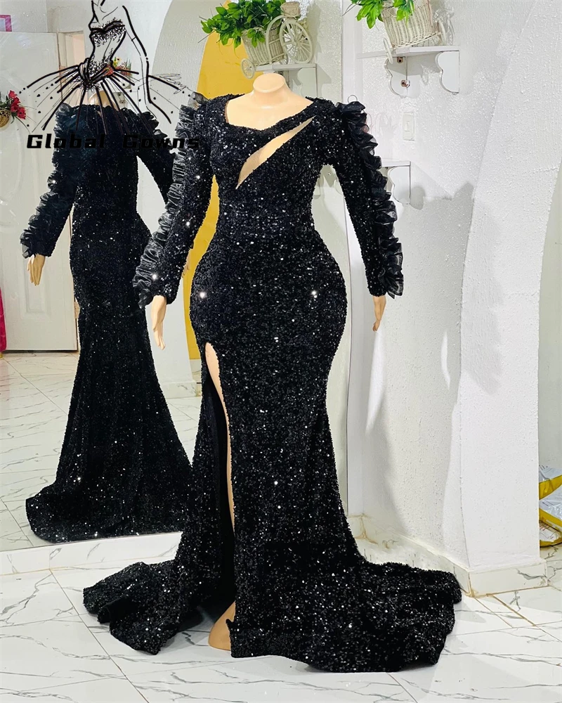 

Aso Ebi O Neck Evening Dress For Black Girls 2023 Sparkly Sequined Birthday Party Dresses Ruffles High Slit Robe De Bal