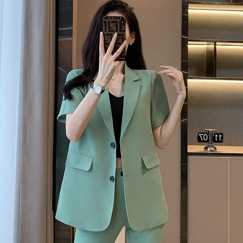 

Green Blazer Women's Summer Short Sleeve Fashion Korean Ol Temperament Goddess Style Business Wear Casual Suit