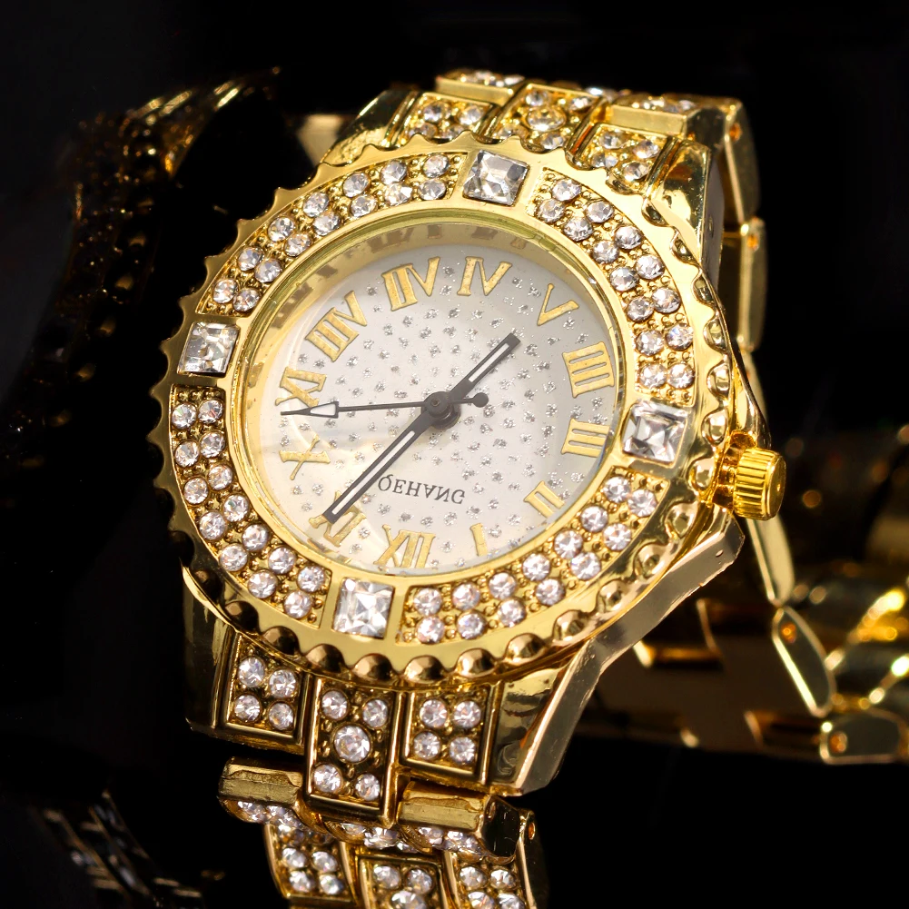 Luxury Women Iced Out Watches Gold Silver Color Cuban Chain Bracelet Watches Full Rhinestone Wrist Watch Men Fashion Jewelry