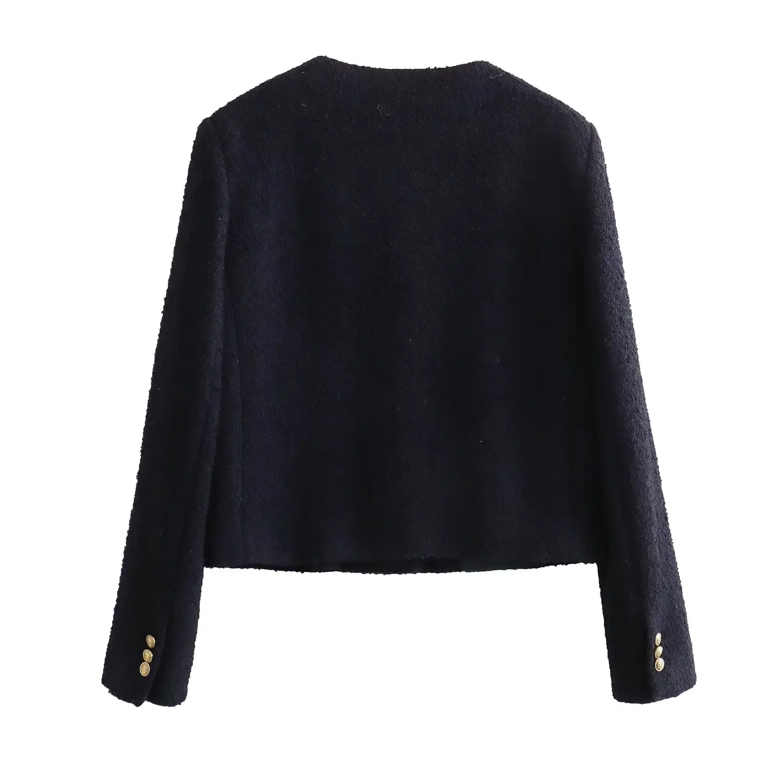 Dave&Di French Elegant Chenille Navy Woolen Jacket Vintage Gold Casual WInter Buttons Coat Women Tops