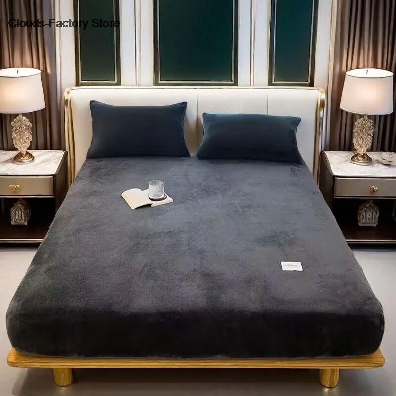 Winter Plush Elastic Fitted Sheet Double Bed Sheet Soft Warm Velvet Bedspread Mattress Cover Bed Protector 90 120 150 180 200 mattress cover,printed fitted sheet,printed bedspread,velvet bed cover