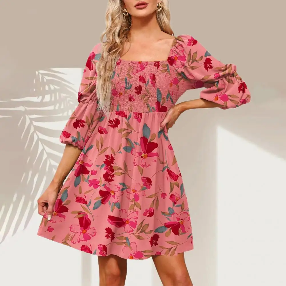 

Women Party Dress Flower Print Puff Sleeves Printing Half Sleeve Big Hem Square Neck High Waist Summer Mini Dress Lady Garment