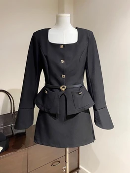 ShaSha French Elegant Fashion Slim 2 Piece Sets Women Vintage Design Coats with Mini Skirts Suit Sexy Retro Outfits