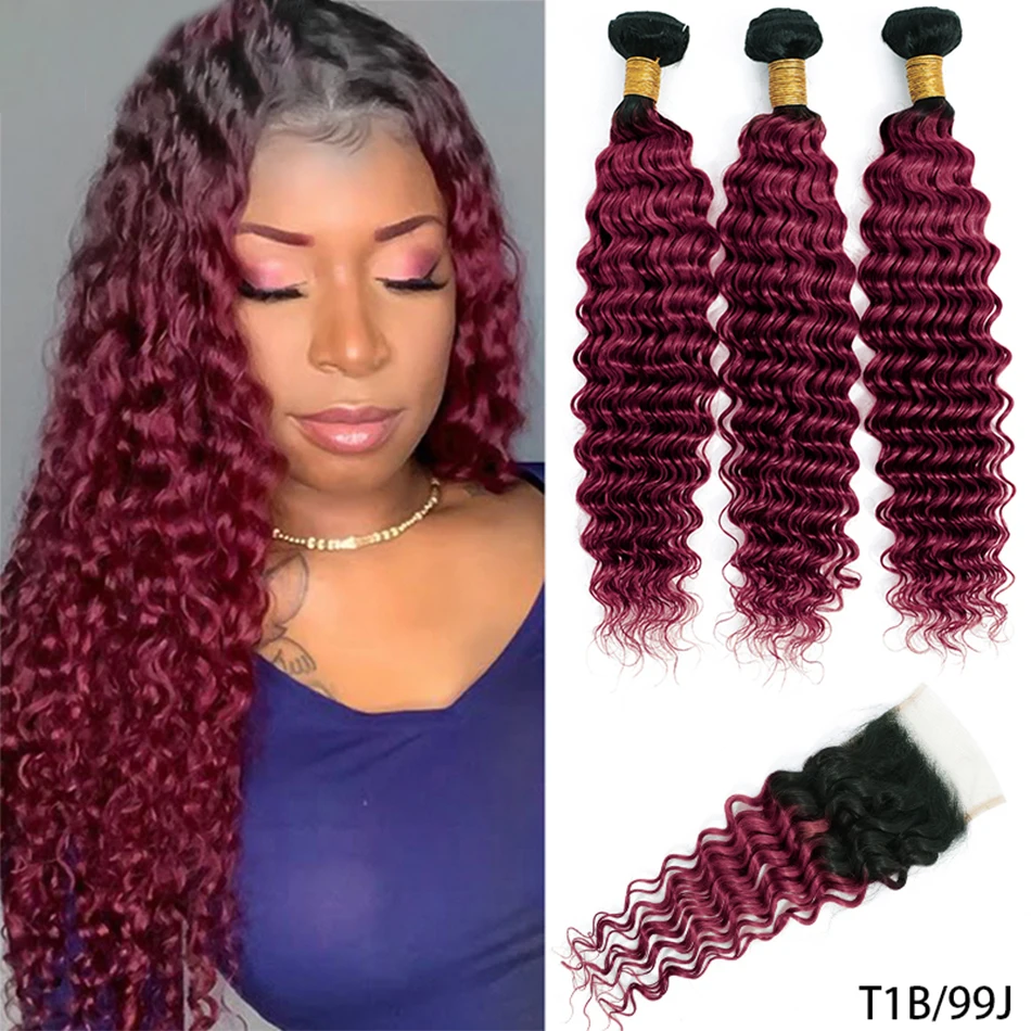 100% Human Hair Bundles With Closure Deep Wave Bundles With 4x4 HD Lace Closure Ombre Wet and Wavy Deep Curly Hair With Closure 1