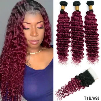 100% Human Hair Bundles With Closure Deep Wave Bundles With 4x4 HD Lace Closure Ombre Wet and Wavy Deep Curly Hair With Closure 1