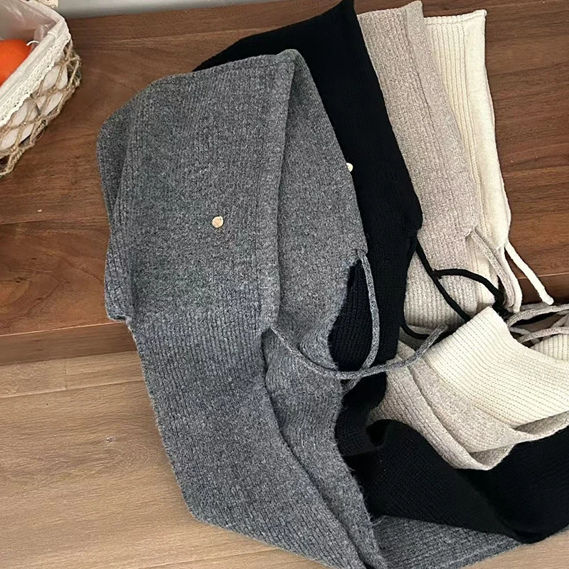 Korean Autumn Winter Balaclava Hats Women Knitted Drawstring Scarf Warm Plush Hooded Caps Soft Sweet Cute Elegant Beanies Caps 5