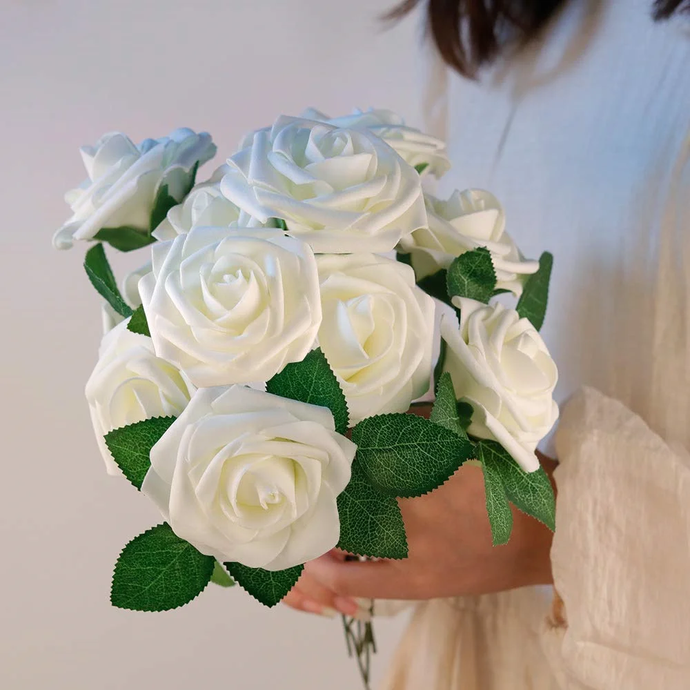 25개 빨간색 인조 꽃 가짜 폼 장미 머리 생일 파티 홈 웨딩 센터피스 어머니의 날 발렌타인 데이 선물용