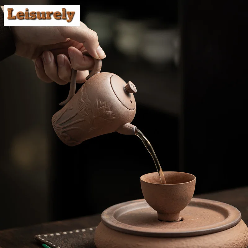 140ml Retro Old Rock Clay Curved Lotus Teapot Aesthetic Tea Infuser Pot Tea Brewing Kettle with Strainer Tea Ceremony Ornaments