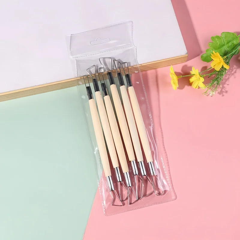 6 flat wire knife Stainless steel double-ended clay carving knife with steel wire wooden handle Clay clay repair tool scraper