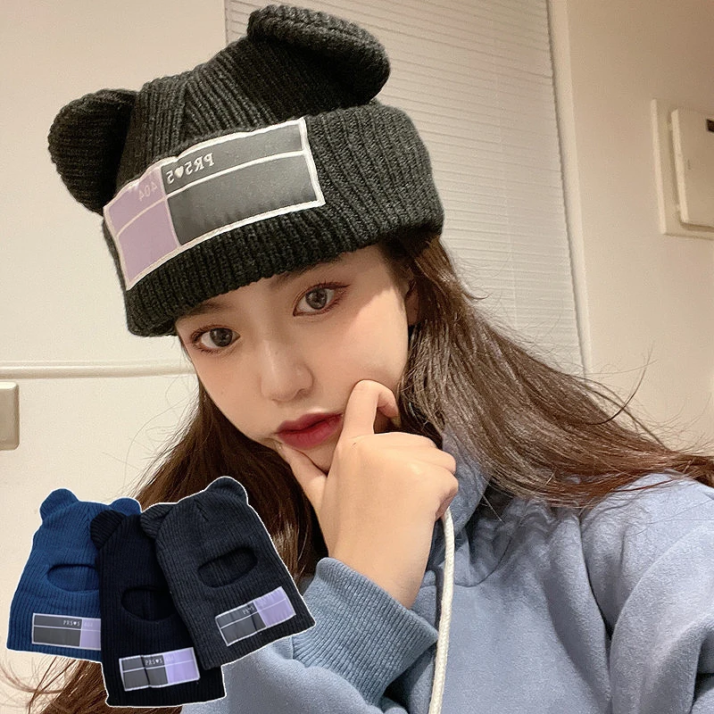 RICYGVM 2 In 1 Mask Beanie Fashion Balaclava Hat Winter Knit Woolen Earmuffs Cap Couple Cycling Headgear Bonnet Warm Face Shield