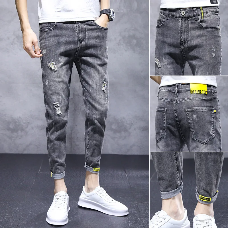 Denim Jeans 2022 Summer New Casual Pants Jean Slim Elastic Small Feet Light Color Ripped Hole Youth Teenager Ankle Long Pants