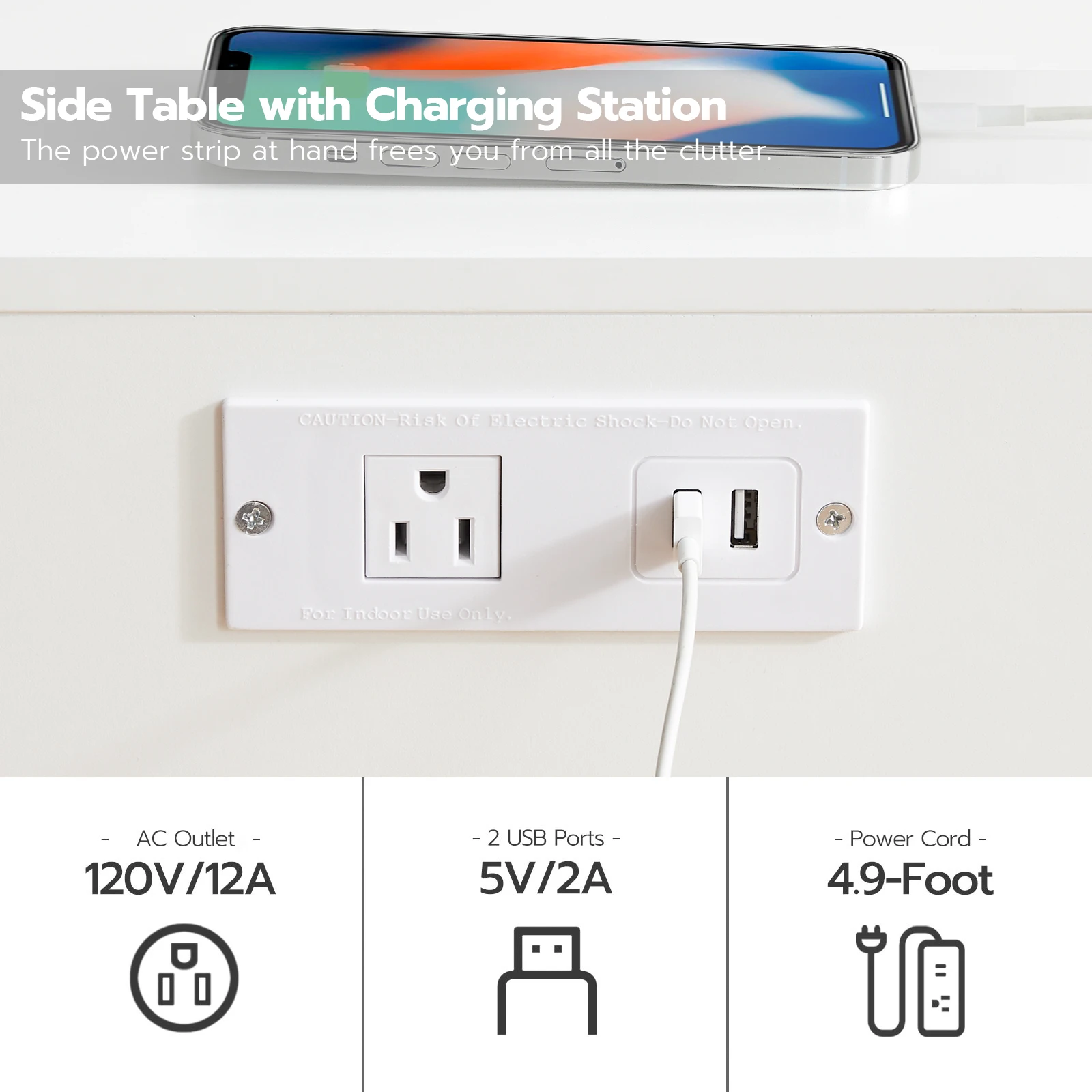 Nightstand with Charging Station, End Table with USB Ports and Outlet, Side Table for Tight Spaces, Solid and Stable