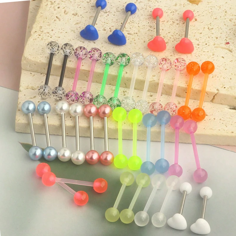 36PCS  Tongue Piercing Tongue Barbell Rings 16mm Acrylic Ball Nipple Retainer 14G Flexible Body Piercing Jewelry Glow In Dark