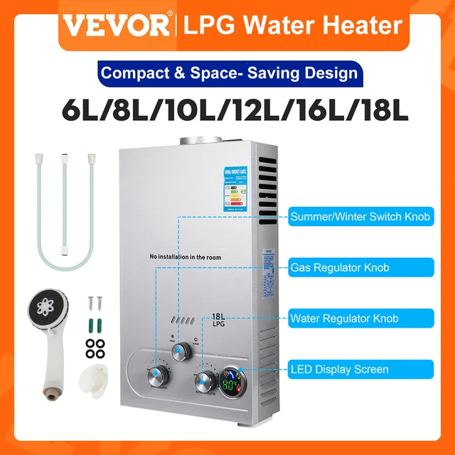 VEVOR LPG Water Heater 6L 8L 10L 12L 16L 18L LPG Liquefied Petroleum Gas Propane Butane Water Heater Stainless Steel Boiler Kit 1