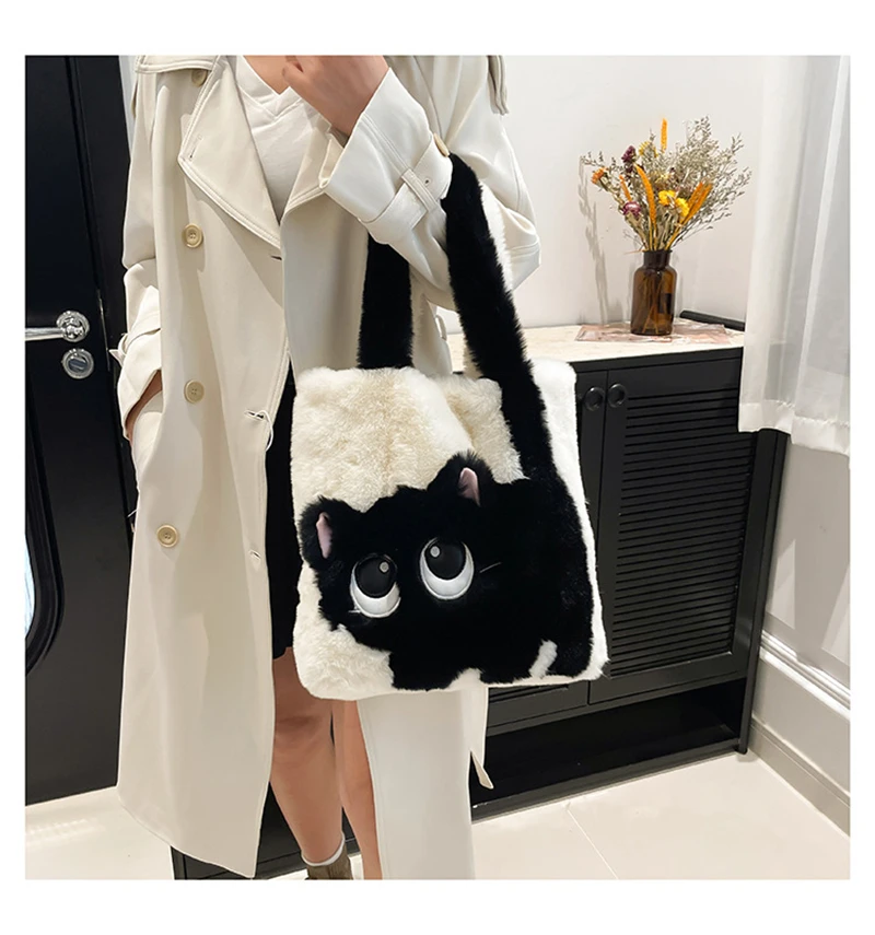 Soft Plush Bag Women Large Capacity Creative Cartoon Tote Handbag Cute Single Shoulder Bag Winter Fluffy Shopping