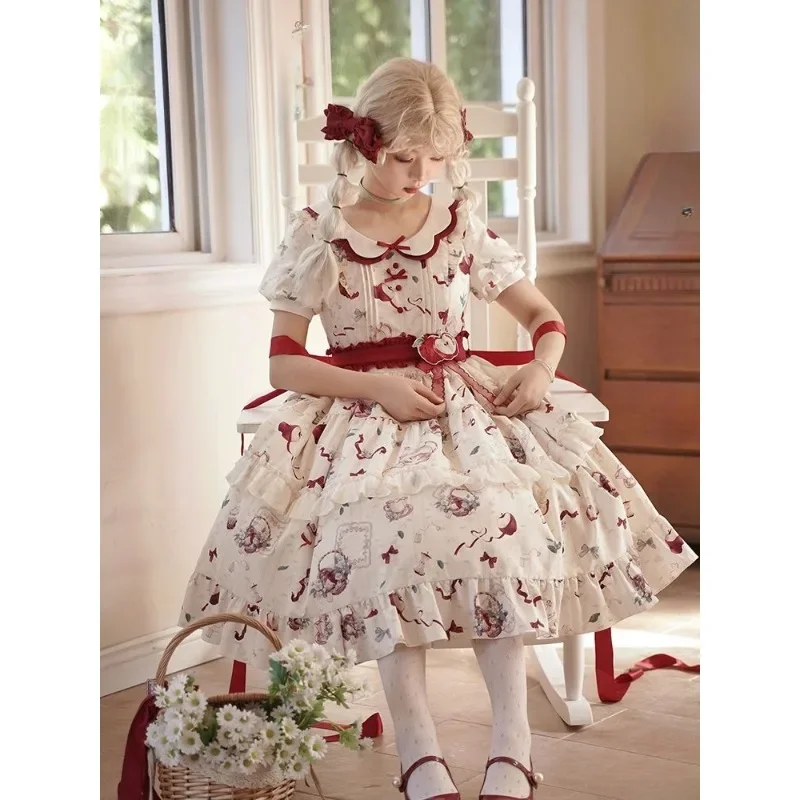 Autumn Lolita Dress Beige Apple Print Chiffon Girl Mid Length Kawaii Dress Short Sleeve Petal Collar Waist Tight Op Dresses