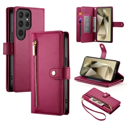Crossbody Wrist Strap Phone Case with Zipper Wallet and Card Holder Cover for Galaxy S22 Ultra (Red)