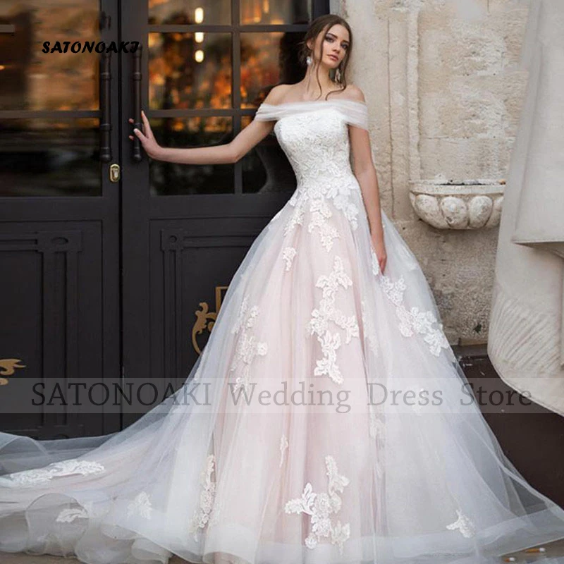 

Elegant Off the Shoulder Lace Wedding Dresses for Women A-Line Sweep Train Backless Bride Gown Vestidos De Novia Custom Made