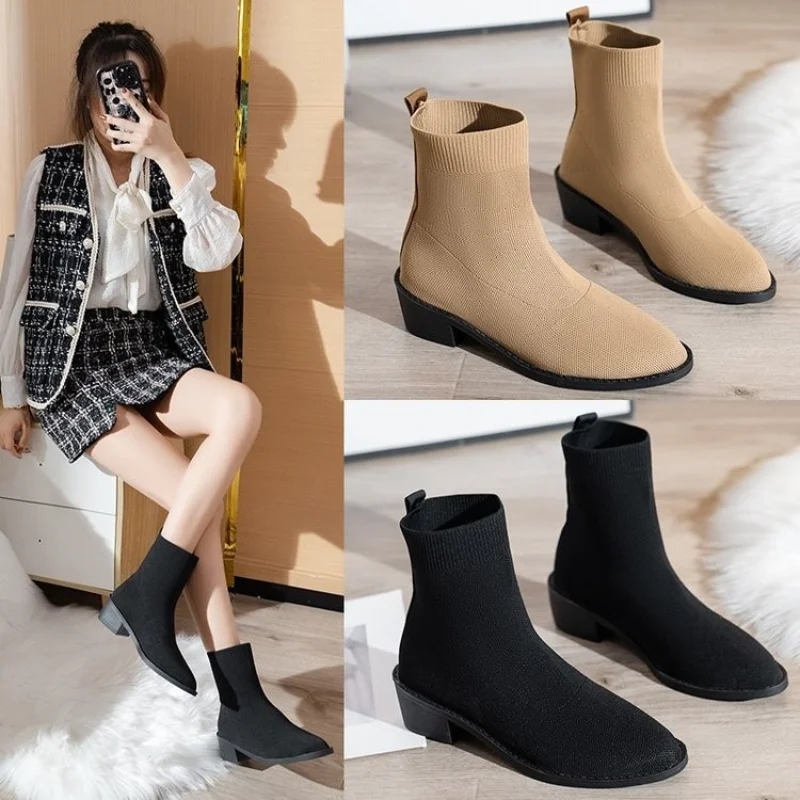 Sleeve Knitted Elastic Women Boots Mesh Red Heel Versatile Short Boots Spring Autumn New Comfort Socks Boots Ladies Casual Shoes