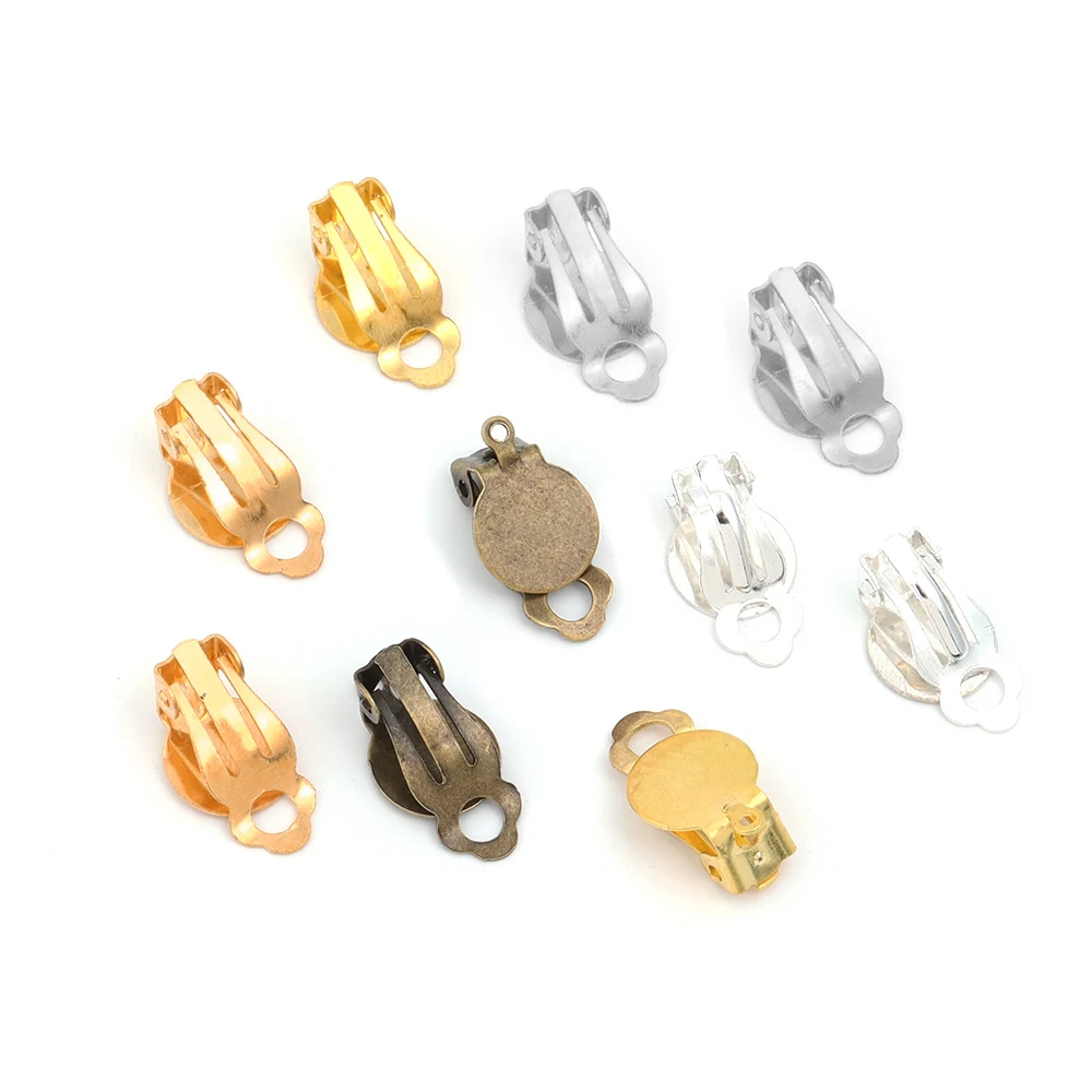 Ear clip 50pcs/lot 10mm Kirsite Round Flat Ear Clip Base Cabochon Bezel Tray For Non Piercing Earrings Accessories