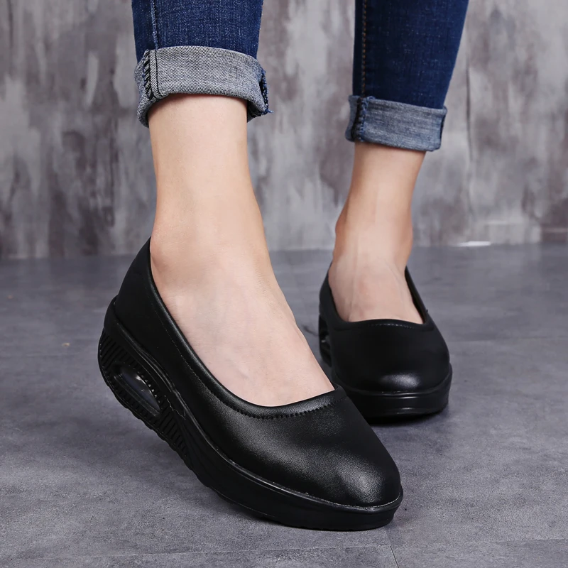 

Women Platform Shoes Black Chunky Leather PU Wedges Shoes Air Cushion Casual Lace Up Sneakers Female Zapatos 2989 v