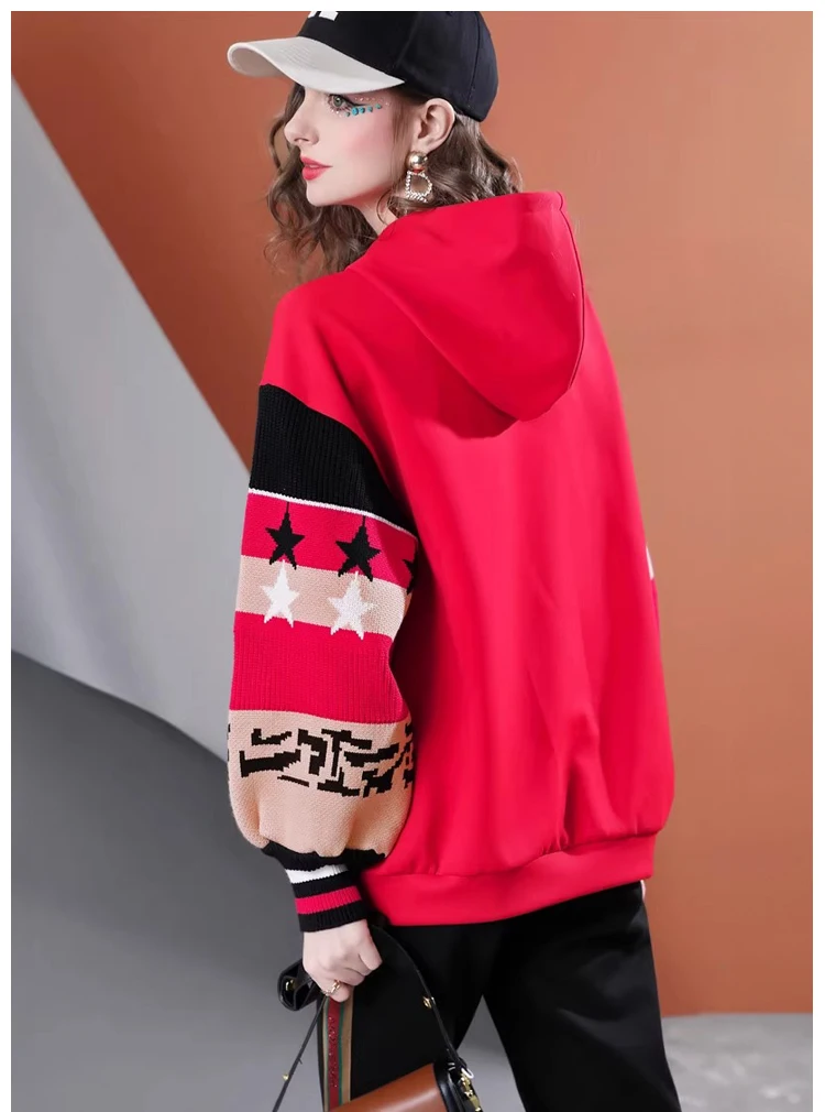 سترة نسائية بغطاء للرأس على شكل نجمة - سويت شيرت كبير الحجم مع رباط |   بلوفر كاجوال