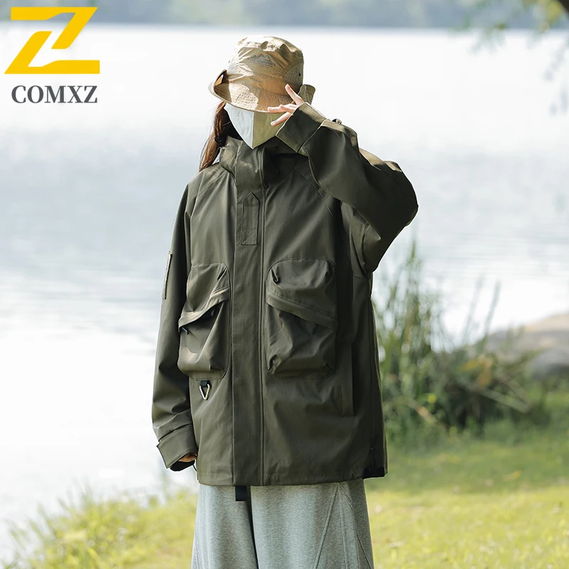 Men's Spring Autumn Workwear Korean Style Jacket Windproof Breathable Hooded Parka with Multi-Pockets Outdoor Sport Casual Wear