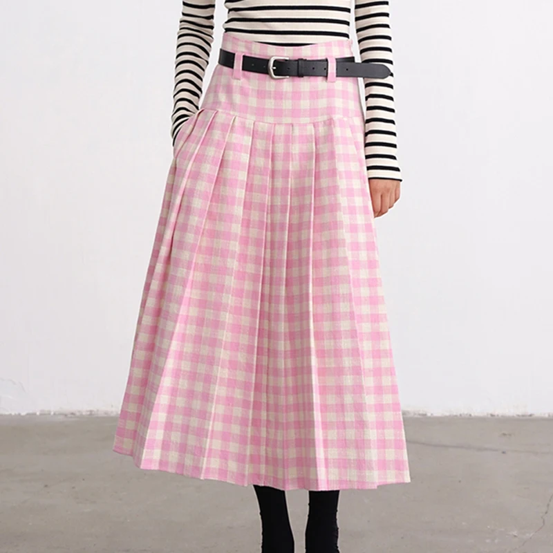 

Summer Women Sweet Plaid Pleated Skirt Korean Casual High Waist Harajuku Ladies Solid Fashion Kawaii A-Line Skirt Female