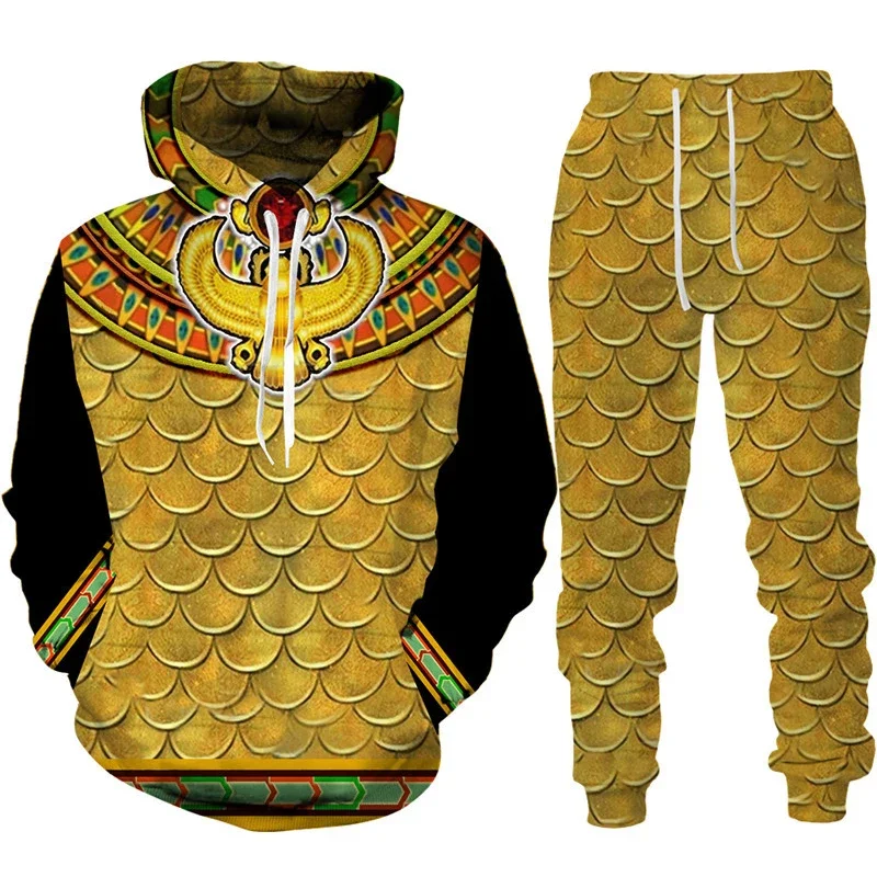 Men Hoodie Sets 3D Print Ancient Horus Egyptian God Eye of Egypt Pharaoh  Casual Loose Men's Hoodie+Pants Streetwear Jogging Set 3