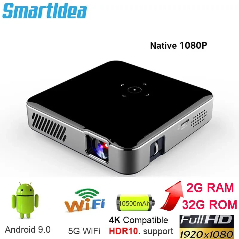 Smartldea Native full hd 1920 x 1080p Smart projector Android 9.0 5G Wifi BT4.1 Build-in 10500mAh battery home video Beamer portable projector mini projector video projector