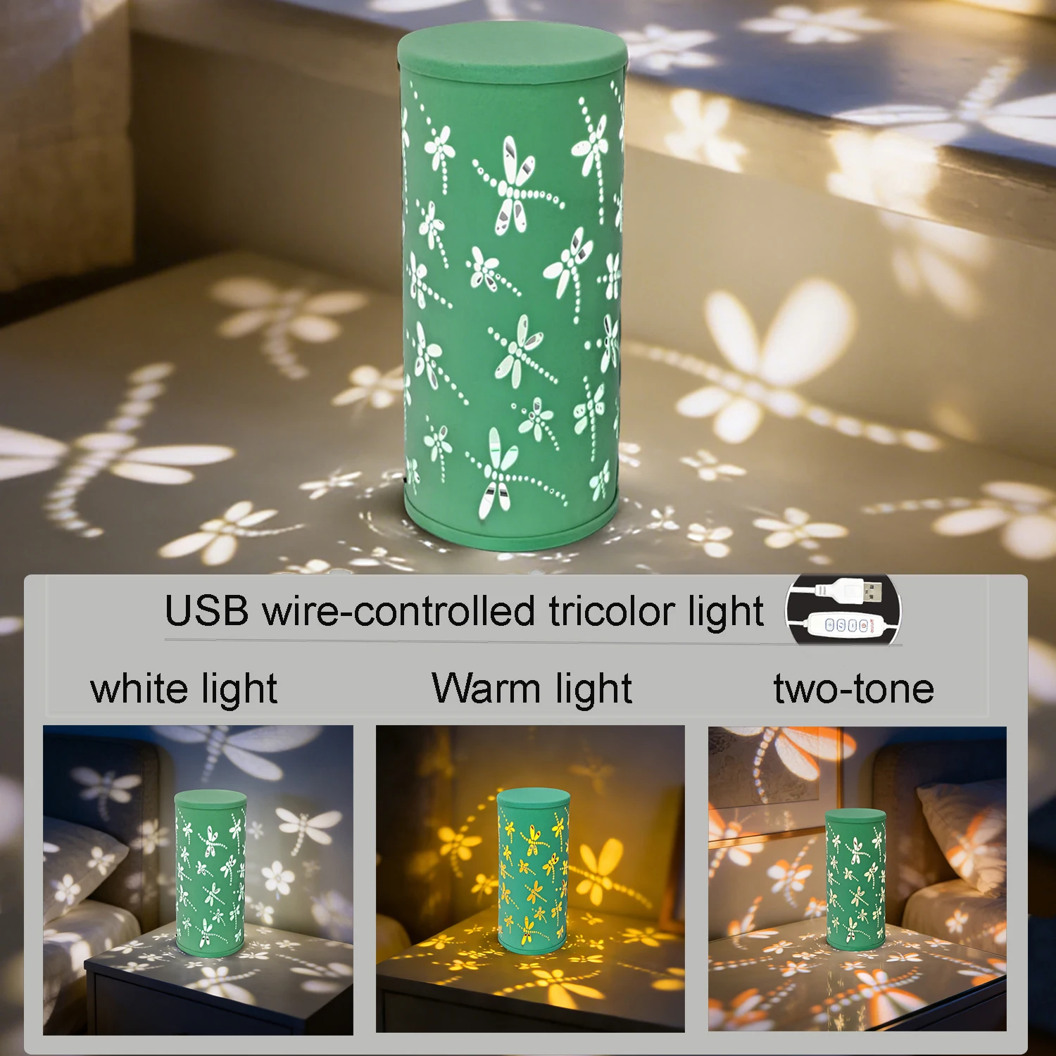 1PC 녹색 잠자리 프로젝션 램프, 3색 LED 책상 램프, USB 전원 주변 조명